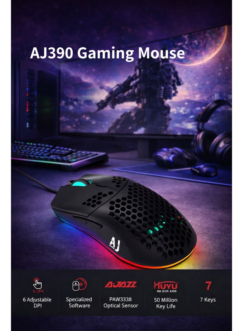 A-jazz ماوس الألعاب الفائق الخفة AJAZZ AJ390، 16000 DPI، ماوس سلكي بتصميم خلية النحل، 69 جرام، مستشعر PAW3338، 7 أزرار قابلة للبرمجة - Image 3